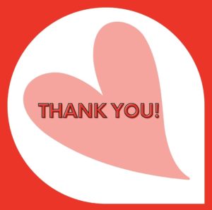 Bright red background, white circle shape with a lighter red heart. Inside heart reads "thank you!"